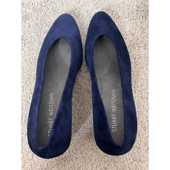 Stuart Weitzman Almond Suede Block Heel Pump with Silver Trim Navy Blue Size 8 - Picture 4 of 8